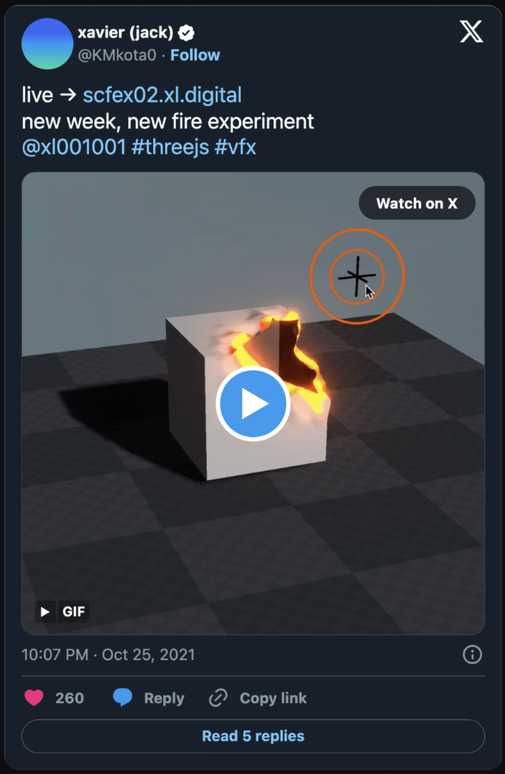 Xavier's original burning fire box demo on X